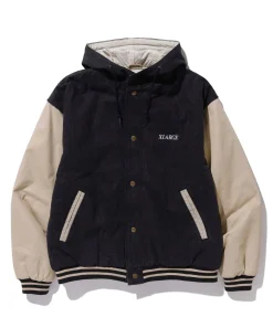 HOODED VARSITY DENIM JACKET