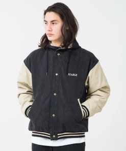 HOODED VARSITY DENIM JACKET