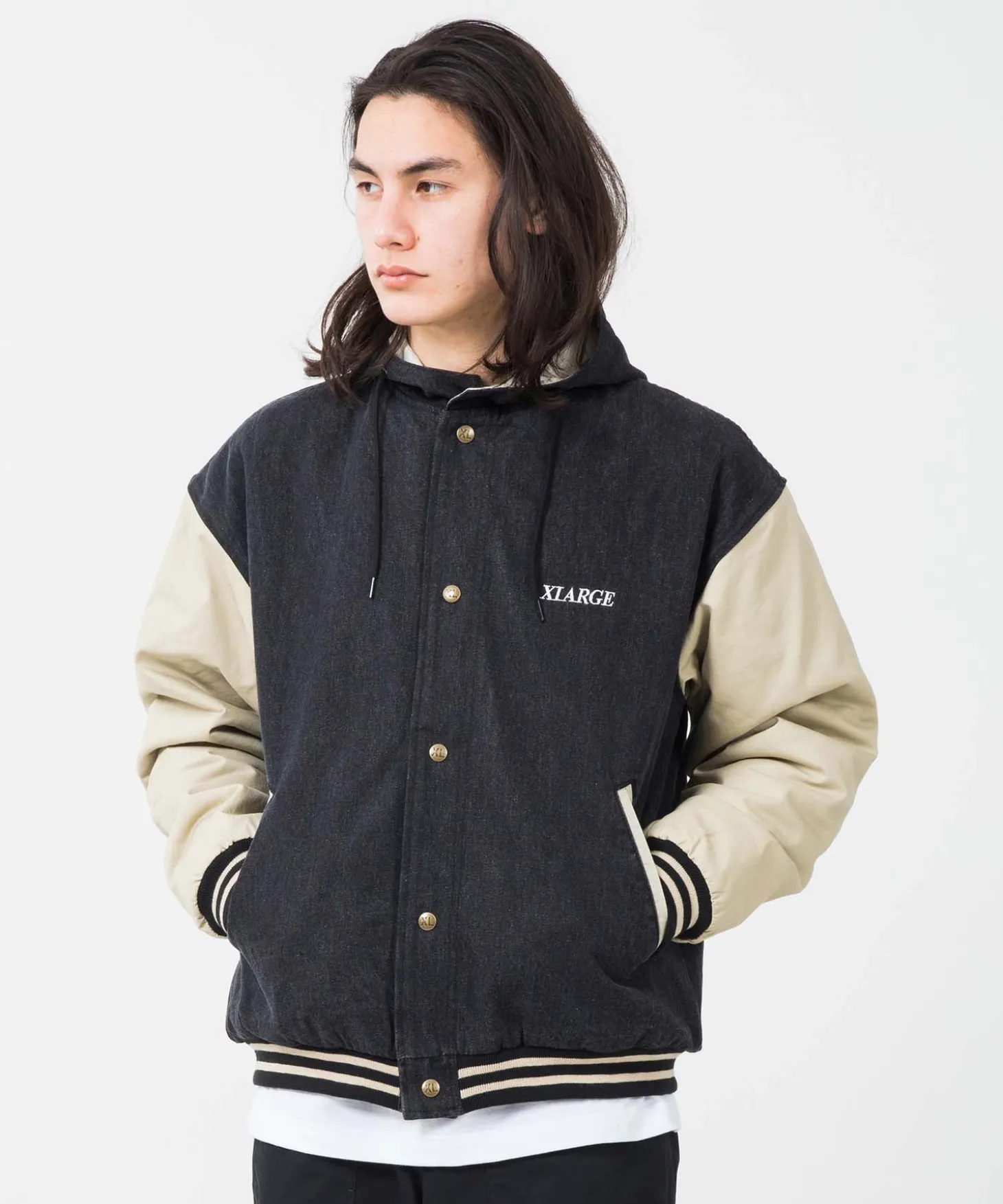 HOODED VARSITY DENIM JACKET
