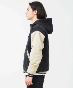 HOODED VARSITY DENIM JACKET