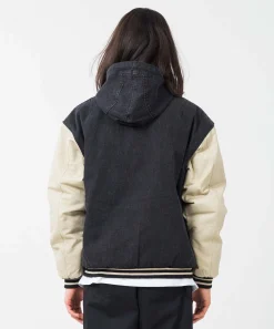 HOODED VARSITY DENIM JACKET