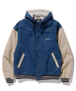 HOODED VARSITY DENIM JACKET