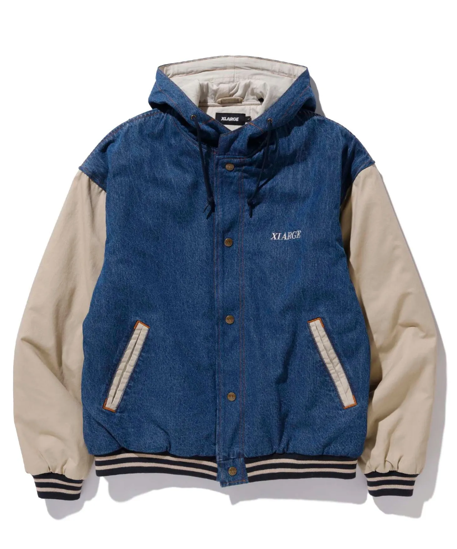 HOODED VARSITY DENIM JACKET