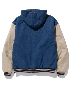 HOODED VARSITY DENIM JACKET