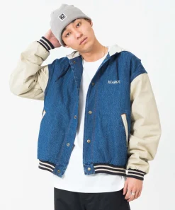HOODED VARSITY DENIM JACKET