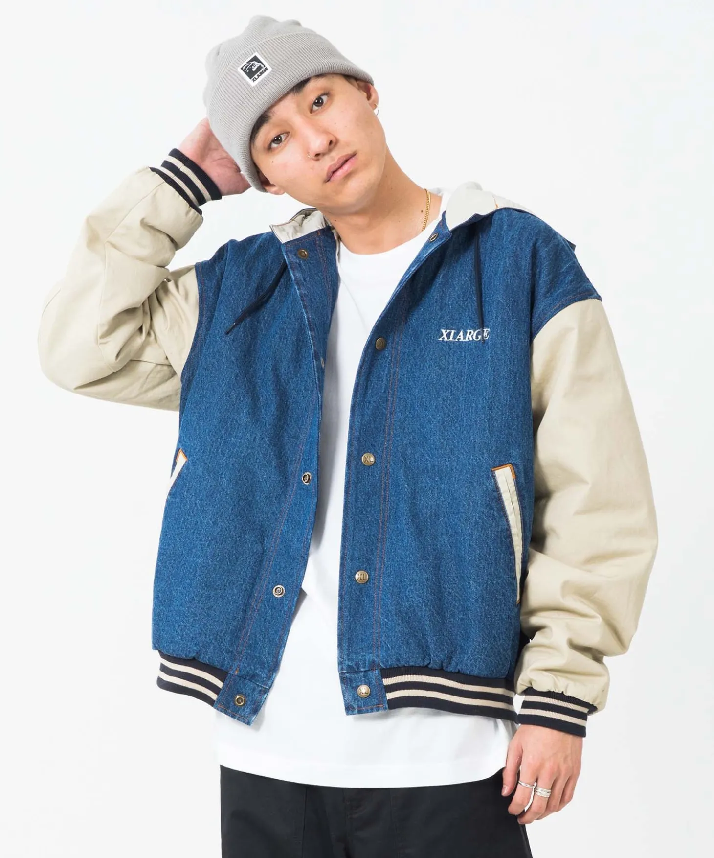HOODED VARSITY DENIM JACKET