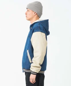 HOODED VARSITY DENIM JACKET
