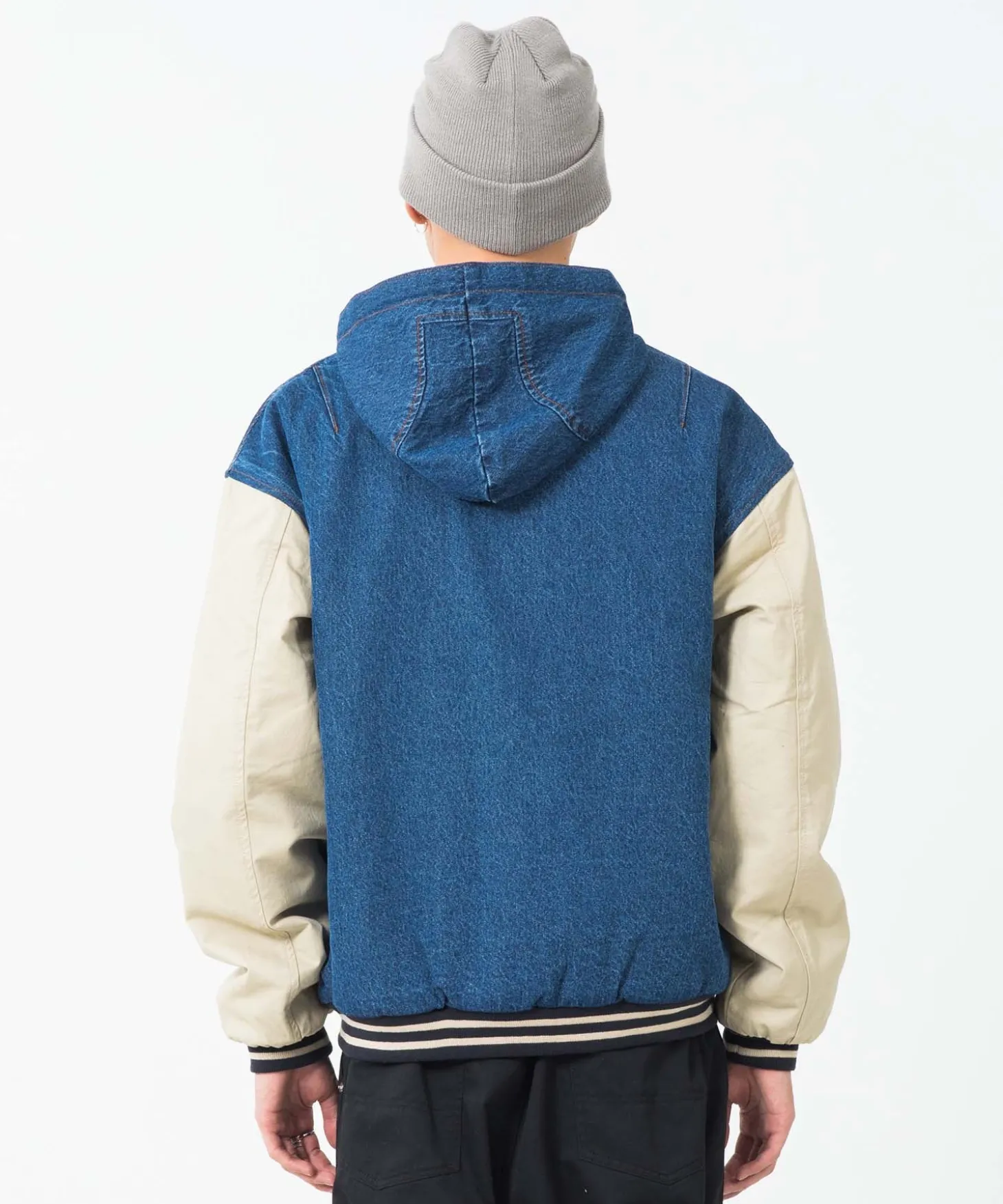 HOODED VARSITY DENIM JACKET